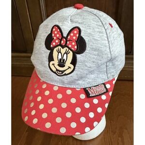 Disney Minnie Mouse Hat Cap Youth Red Polka Dot Gray Adjustable Girls EUC